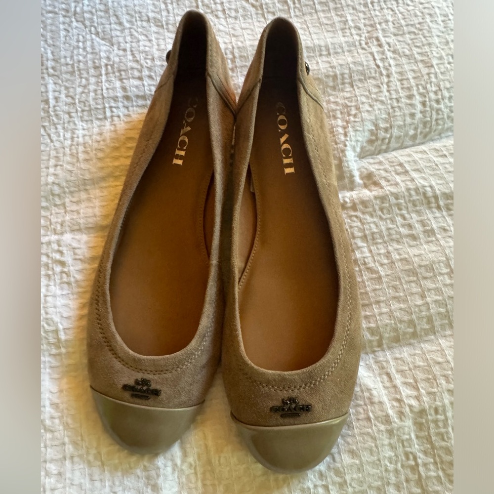 Coach Chelsea suede with patent leather ballet flats. Stone color size 8